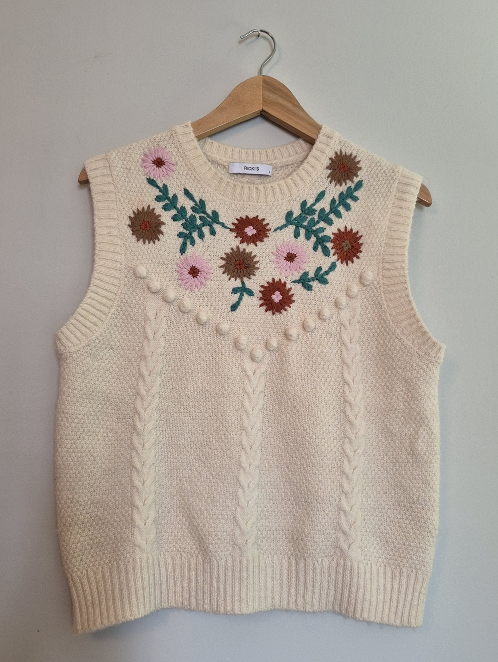 Vintage Cream Floral Embroidered Wool Knit Vest